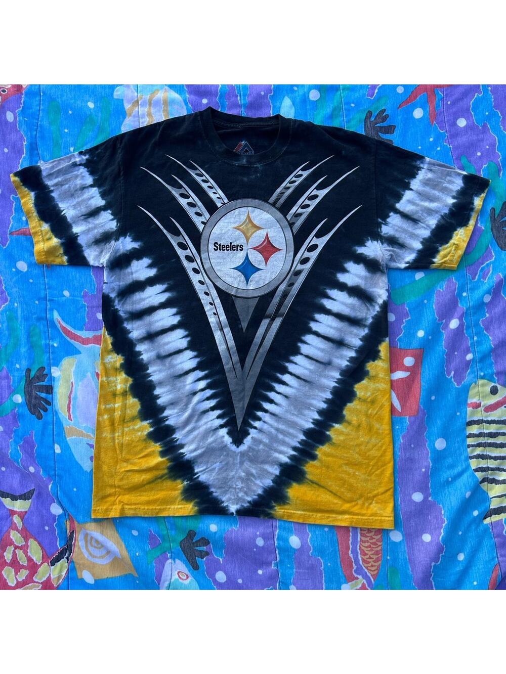 Vintage Black Yellow Tie-Dye Pittsburgh Steelers T-Shirt Majestic Men's Medium